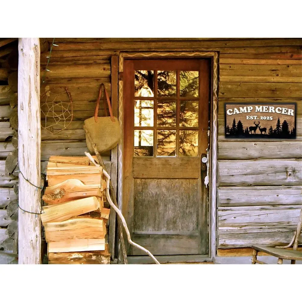 Custom Camp Sign Deer & Trees Personalized Cabin Lake House River Hunting Decor